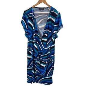 Arna York Faux Wrap Midi Dress Size 26 28 Blue 3x Geometric Coastal